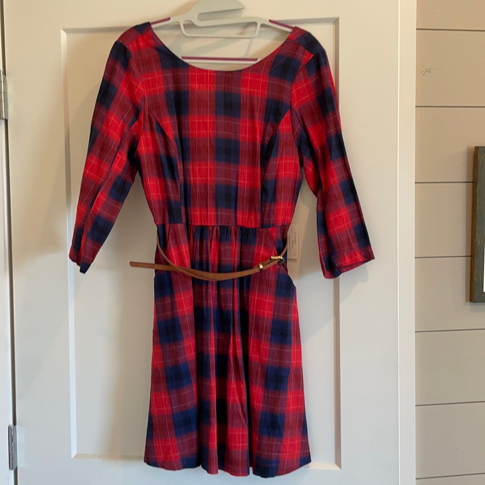 Red & navy plaid belted dress
